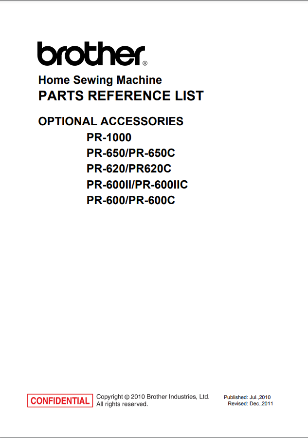 Brother Parts, Service and parts Accessories Manuals - PR600 Multi Needle Embroidery Machine